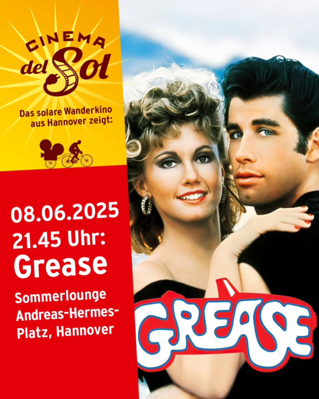 Oh ja, die Saison 2025 startet und wir freuen uns sehr, dass wir gemeinsam mit der Stadt Hannover im Rahmen der Sommerlounge auf dem Andreas-Hermes-Platz unsere Leinwand aufbauen und den Projektor starten dürfen.

Lasst euch " GREASE " nicht entgehen!

Olivia Newton-John, John Travolta, USA 1978, 110 Min., FSK 12

Sitzgelegenheiten sind vorhanden, Getränke gibt es vor Ort.

#openairkino
#solarpower
#lustauffahrrad
#lebeninderstadt
#musical
#grease